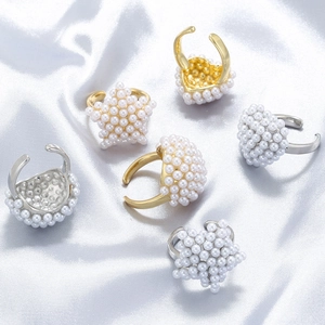 French Elegant Vintage Artificial Pearl Open Ring Brass Heart Star Geometric Adjustable Finger Jewelry For Women