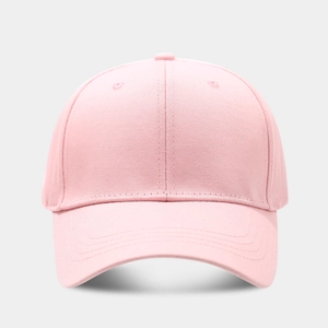 Close-up of pink cotton baseball cap showing twill fabric texture and reinforced stitching