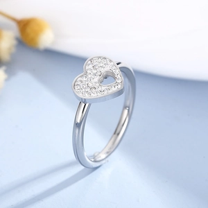Silver open heart ring with micro-pave crystals and minimalist hollow design