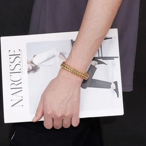 Grosso bracciale uomo a maglia intrecciata dorata stile hip hop retrò in acciaio
