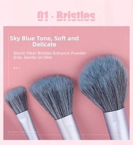 Detail of light blue bionic fiber bristles on portable makeup brushes with soft texture