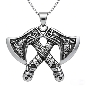 Viking style stainless steel necklace featuring antique silver double axe pendant on white background
