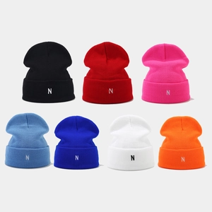 Trendy Knit Beanie Hat Acrylic Warm Ribbed Winter Cuffed Cap Embroidered Letter N Minimalist Casual Streetwear Unisex