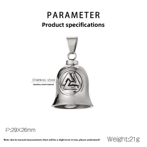 Detailed parameter view of Valknut stainless steel biker bell pendant measuring 29x26mm