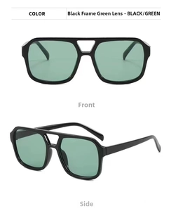 Front and side view of double-bridge oversized sunglasses with black frame and green lenses