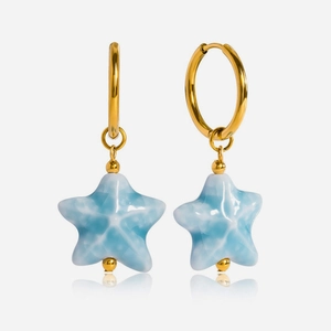 Starfish Pendant Earrings Marine Style Blue Ceramic Star Charms 18K Gold Plated Stainless Steel Hoops For Women