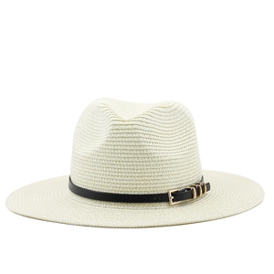 Classic creamy white straw fedora hat with black leather band and golden metal buckle