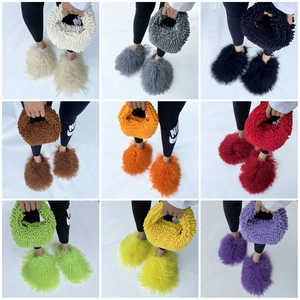 Collection of colorful faux fur plush handbags and matching slippers in nine vibrant colors