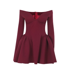 Elegant wine red off-shoulder long-sleeved A-line dress with slim fit and pleated skirt