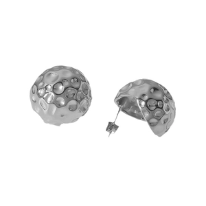 Polished silver hammered hemispherical stud earrings in stainless steel with textured finish