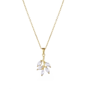 Minimalist 18K gold leaf pendant necklace with shimmering cubic zirconia on white background
