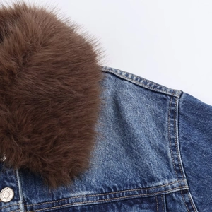Detail of dark blue denim jacket featuring a plush brown faux fur collar and metal buttons