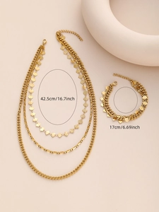 Detail showing gold multi-layer necklace with 42.5cm and bracelet with 17cm measurements