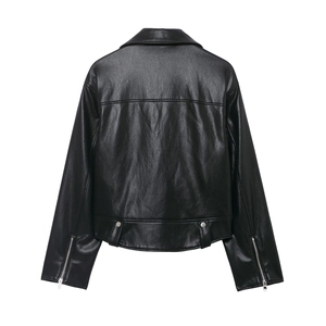 Back view of classic black faux leather biker jacket with metallic hardware details