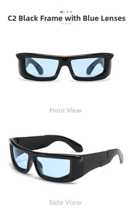 Detail view of model C2 Y2K punk sunglasses with black frames and blue lenses