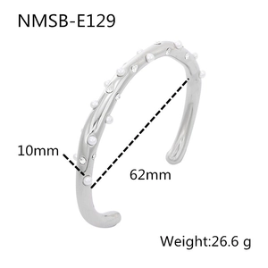 Silver stainless steel open bangle with pearls and rhinestones, 62mm diameter