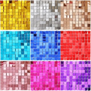 Nine-grid display showing various colors of reflective sequin wall panels for party decor