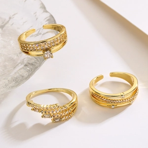 Irregular Geometric Adjustable Open Ring Gold Plated Copper Cubic Zirconia Retro Fashion Jewelry For Women