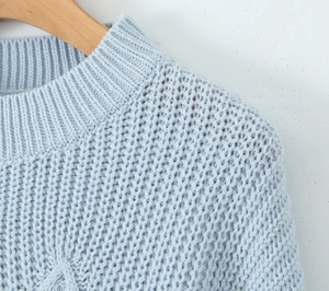 Close-up of light blue knit sweater showing crew neck and cable knit texture details