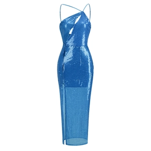 Royal blue sequin evening dress with cross halter neck and high side slit design