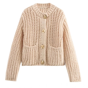 Women Chunky Knit Cardigan Sweaters Round Neck Long Sleeve Gold Button Pocket Casual Solid Color Outerwear