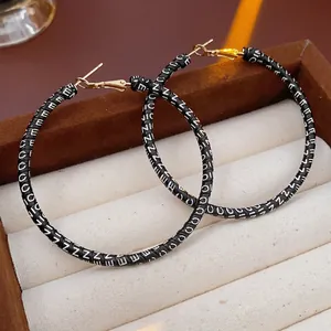 Large Round Hoop Earrings With Letter Print Leather Wrap And Silver Earring Post Retro Fashion Jewelry For Women