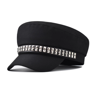 Women Cadet Hat Retro Military Cap With Double Row Silver Square Metal Rivets Punk Style Cotton Baker Boy Beret