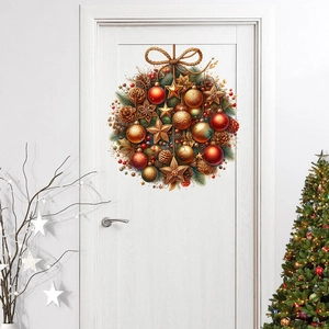 Christmas wreath wall sticker with red and gold ornaments on a white wooden door