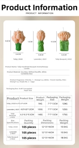 Detailed size chart for tulip and lavender scented candles with material specifications