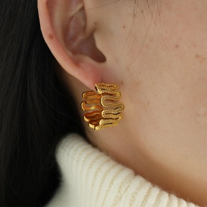 Luxurious 18K gold plated C-shape curved wavy earrings with a layered spiral design