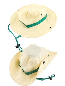 Detail of kids khaki safari hat with green strap, mesh vents and chin cord for camping