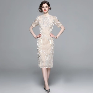 New Chinese style apricot dress set with sequins, floral embroidery and side tassels