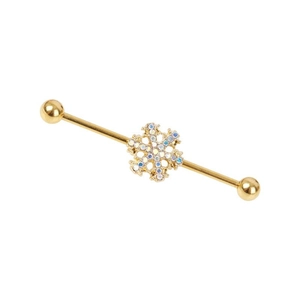 Gold industrial barbell earring featuring a snowflake pendant with colorful AB rhinestones