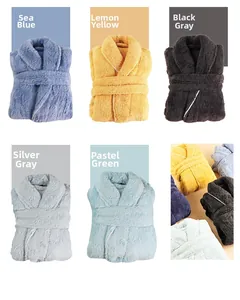Detailed palette of thick coral fleece robes in navy, lemon, charcoal, silver, and mint green