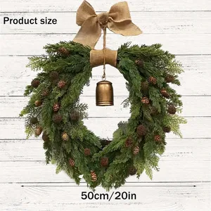 Handcrafted rustic wreath with pine needles, cones, burlap bow and gold bell, 50cm diameter