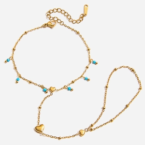 Stainless Steel Finger Bracelet Heart Charms Blue Natural Stone Beads Hand Back Chain Bohemian Jewelry For Women