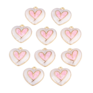 Pink and white enamel heart charms with gold borders for DIY jewelry making