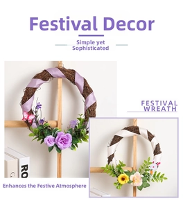 Detail of Christmas wreath with purple roses, silk ribbons, and rustic woven vine base