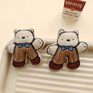 Set of two cute Japanese style teddy bear plush brooches with vintage stripe overalls