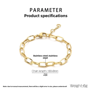 Detail of 180x9mm gold stainless steel rectangle link chain with lobster clasp specs