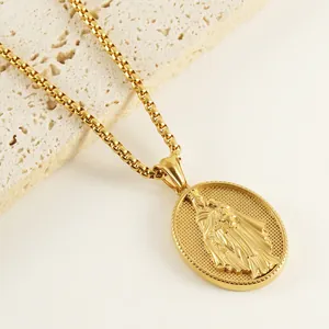 Collana con pendente ovale della Vergine Maria in acciaio inossidabile dorato e catena