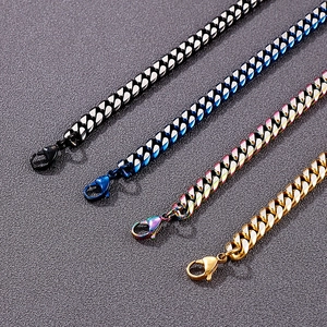 Set of four stainless steel Cuban link necklaces in black, blue, rainbow, and gold finish
