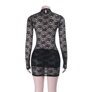 Detailed back view of a black sheer floral lace long-sleeve mini dress with high collar