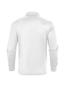 Detailed back view of white long-sleeve polo shirt with breathable honeycomb mesh fabric texture