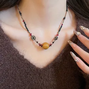 Perlenkette Retro Ethno Boho Stil Mit Keramik Acryl Glasperlen Sonnenmuster Runder Anhänger Für Damen Schmuck