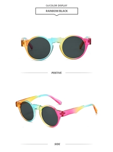 Detail view of rainbow round frame sunglasses with black lenses from positive and side angles