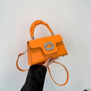 Fashion Women Shoulder Bag PU Leather Rhinestone Buckle Ruched Handle Trendy Small Square Crossbody Bag