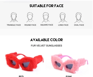 Face shape guide for plush cat eye sunglasses in red and pink colors