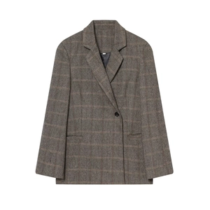 Vintage Plaid Blazer Women Herringbone Tweed Jacket Single Breasted Lapel Collar Casual Office Outerwear