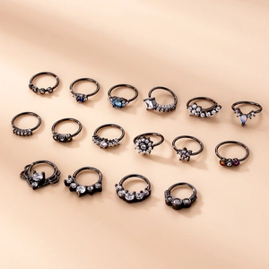 Set of 16 black surgical steel nose rings with sparkling zircons and colorful stones